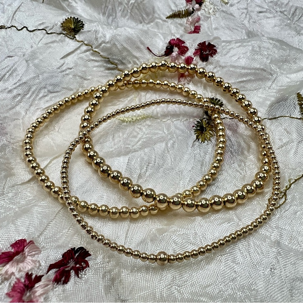 π Set of 2mm 3mm 4mm 14k Gold Filled Beaded Stretch Bracelets - Picture 3 of 9